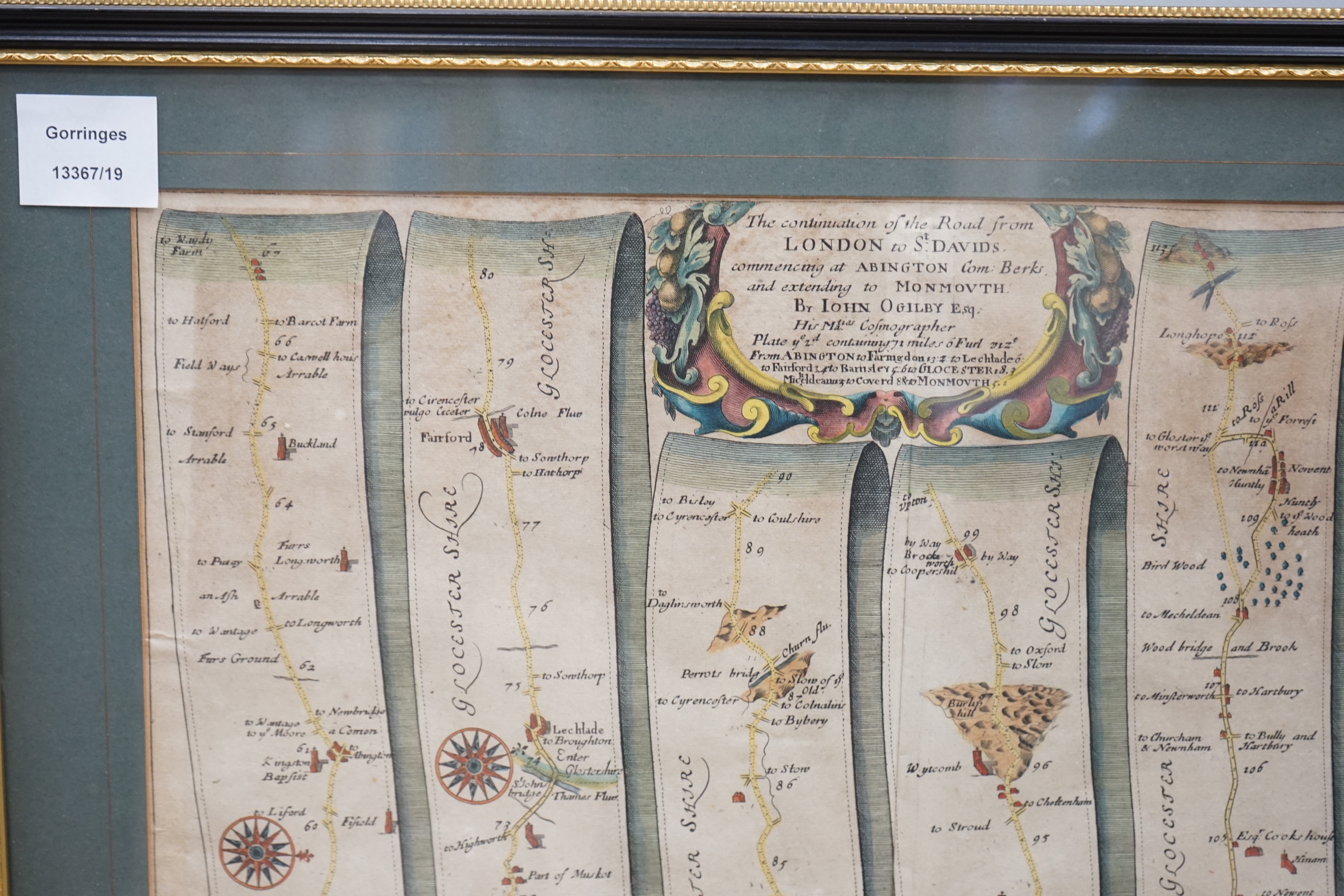 John Ogilby (1600-1676) hand coloured map, London to St. Davids, 33 x 44cm